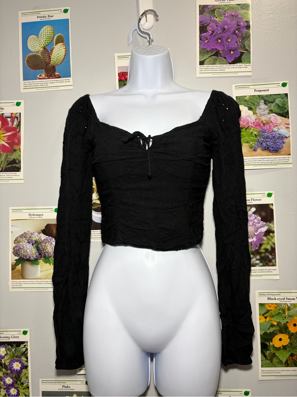 Hollister Black Long-Sleeve Cropped Tie-Front Top